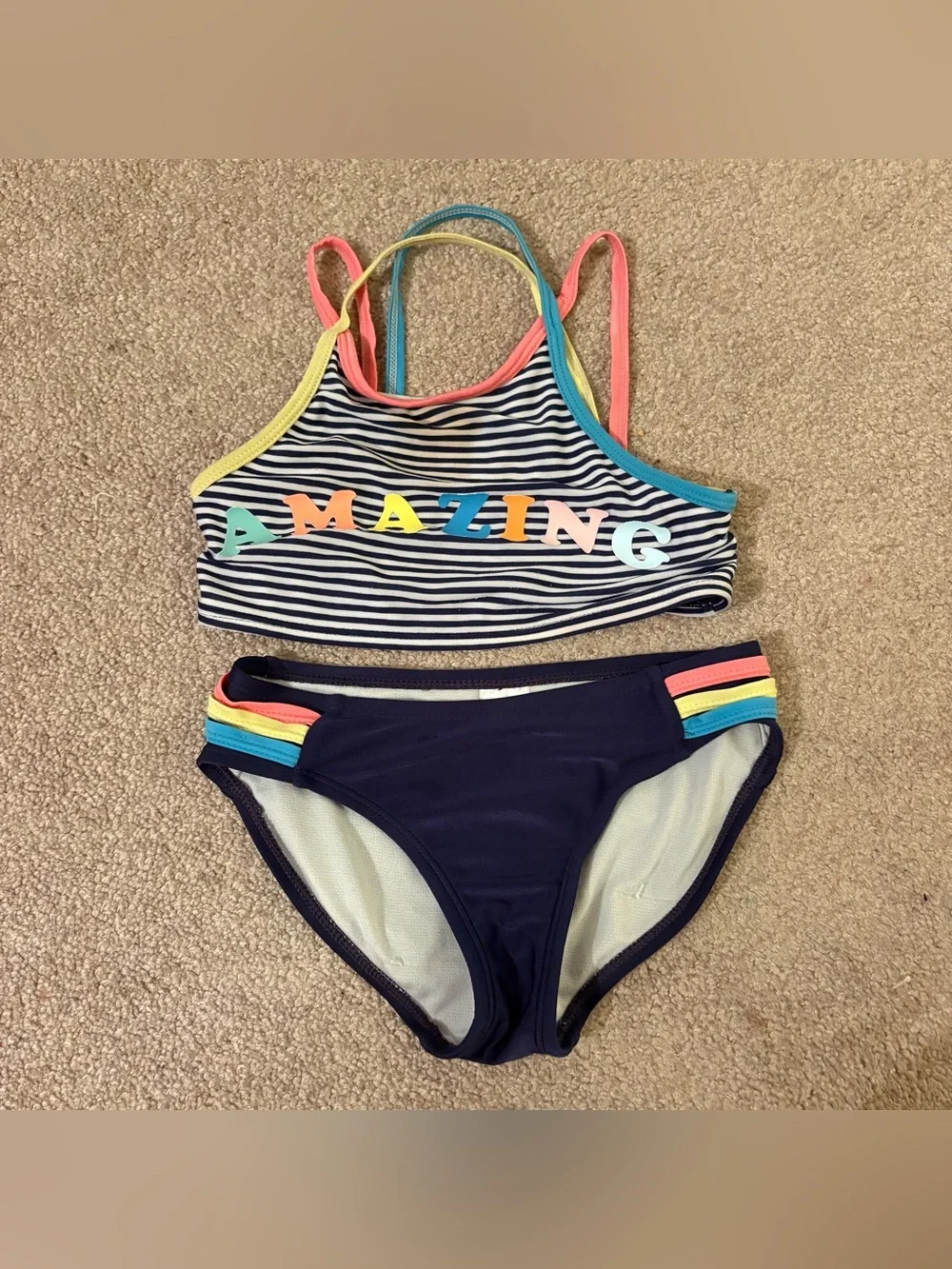 Cat & Jack Navy Stripe Two-Piece Swimsuit with Rainbow Trim size XS 4/5